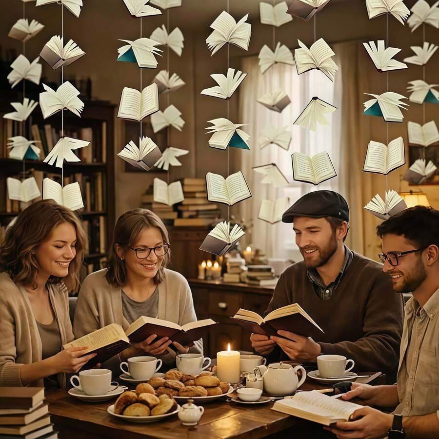 1 Set (12pcs) Vintage Paper Book Hanging Garland, 3D Open Book Paper Bunting, Aesthetic Decor For Wall, Window, Party, Room - Multiple Styles - View 1