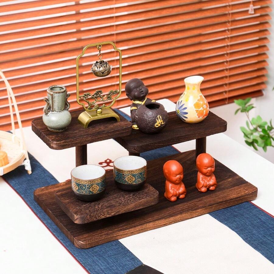 1pc Vintage Wooden Desktop Shelf, Makeup Jewelry Display Stand, Desktop Storage Rack, Cake Dessert Tray Display, Suitable For Desktop - Dark Brown - View 1
