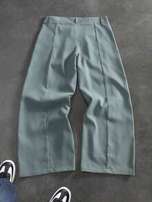 Mint Blue Pleated Wide Leg Casual Pants, Draped Loose Straight Leg American Style Long Trousers For Men - Mint Blue - View 8