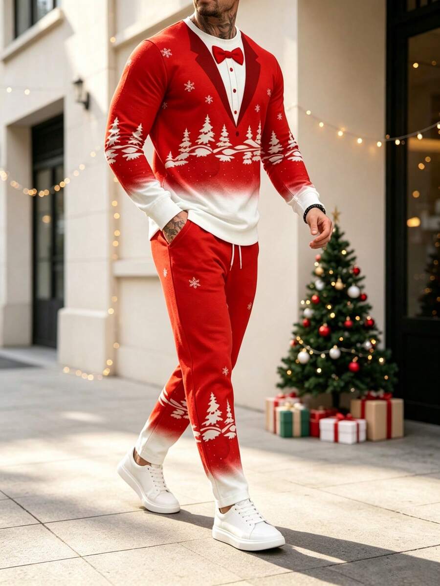 Men's Christmas 2 Pieces Outfit, Fake Suit Bow Tie Print Long Sleeve T Shirt & Jogger Pants Set, Xmas Snowflake Tree Holiday Tracksuit - Multicolor - View 1