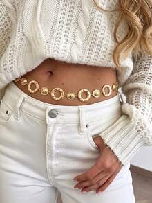 1pc Bohemian Style Geometric Hollow Round Convex Circular Linked Gold Metal Waist Chain, Minimalist Sexy Body Chain, Punk Style Fashion Waist Accessory, Suitable As Gift For Any Occasion - Gold - View 2