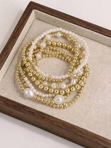 7pcs Fashion CCB Golden Beads Faux Pearl Multilayer Elastic Bracelet Set, Stackable Bracelets For Women, Suitable For Daily, Vacation, Party Jewelry - Multicolor - View 2