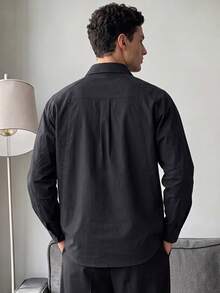 Men's Raglan Sleeve Functional Button Shirt, Pure Black Lightweight Windbreaker Style Long Sleeve Shirt - Black - View 2