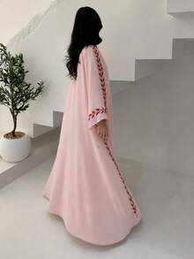 Hafizah Fashion Street Chiffon Long Embroidered Pink Round Neck Dress With Headscarf - Pink - View 3