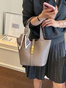 現代優雅精緻金屬裝飾女款手提包，時尚百搭優雅絲巾肩帶水桶包 - 灰色 - 查看 2