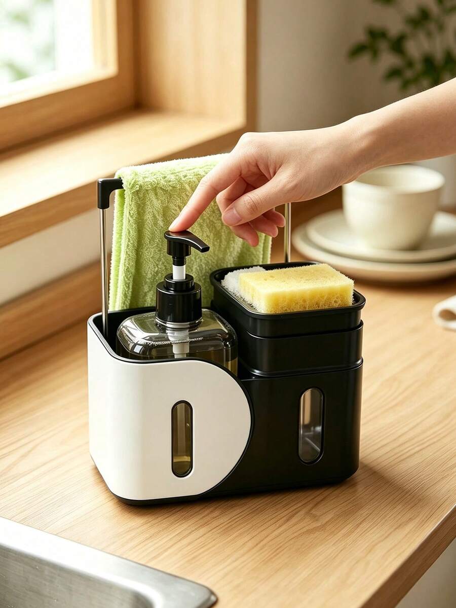 1pc Black‑White Contrast Kitchen Sink Caddy, Modern Plastic Rounded Rectangular With Soap Dispenser & Towel Rack, Multi‑Compartment Storage Soap Dispenser Box Kitchen Organizer, For Kitchen Countertop Sink Area Daily Use All‑Season Household Supply