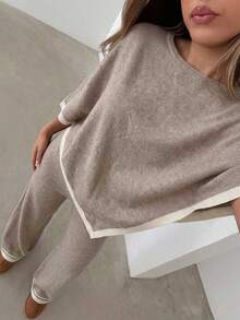 Women's Autumn/Winter High Neck Long Cloak, Loose Fit Colorblock Sweater And Wide Leg Pants 2 Pieces Set - Light Khaki - View 5