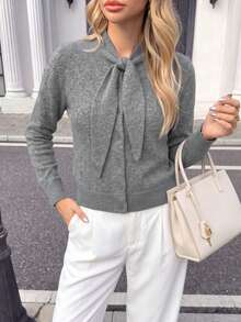 Women's Fashion Grey Knitted Cardigan Sweater With Bow Decor, Long Sleeve Button-Up Top, Suitable For Autumn And Spring - Grey - View 3
