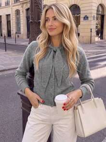 Women's Fashion Grey Knitted Cardigan Sweater With Bow Decor, Long Sleeve Button-Up Top, Suitable For Autumn And Spring - Grey - View 8
