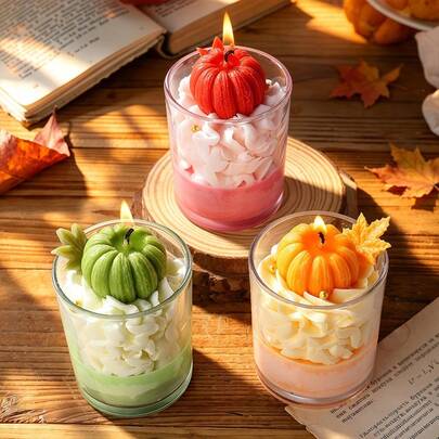 Simulated Pumpkin Scented Wax Candle With Cream Frosting, Glass Cup Shape, Autumn Ambiance Halloween Tabletop Decor, Home Decoration, Holiday Gift