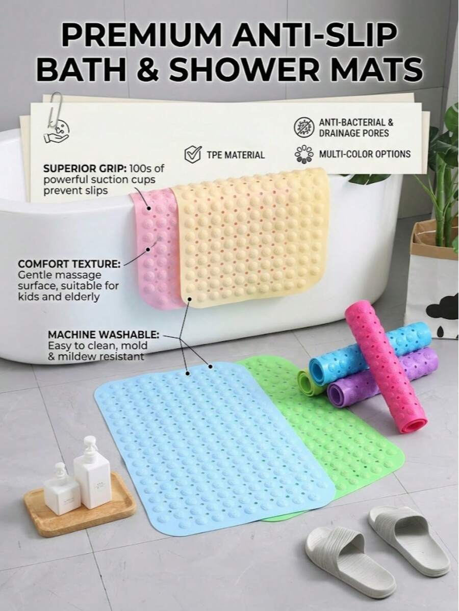 Non-Slip Bathtub Mat With Suction Cups, TPE Bathroom Shower Mat, Machine Washable Bath Mat With Drainage Holes, Suitable For Children And Elderly, Quick Dry, Multiple Colors - 27.56 * 13.78 Inches - View 1