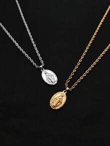 1pc Minimalist Personalized French Vintage Stainless Steel 18K Gold Plated Oval Portrait Virgin Mary & Jesus Pendant Twisted Chain Necklace - Multicolor - View 5