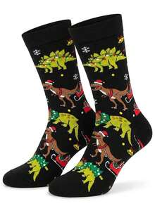 1 Pair Of Men Crew Sock, Christmas Dinosaur Sleigh Snowflake Pattern Socks, Soft Warm Fall Winter, Halloween Christmas Gift For Men For Woemn - Multicolor - View 3