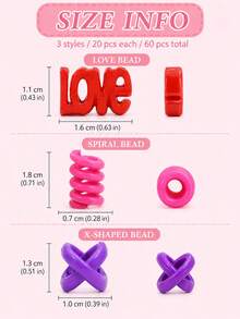 60pcs Girls Hair Beads Set, 3 Mixed Colors, Heart Letter Spiral X-Shaped Braiding Accessories, Suitable For Children And Teenagers - Multicolor - View 5