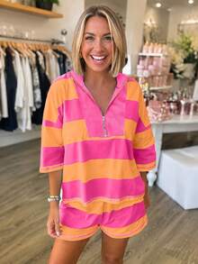 Acelitt Women's Casual Zip-Up Colorblock Striped Top And Comfortable Shorts 2 Pieces Set Summer Elegant - Hot Pink - View 1