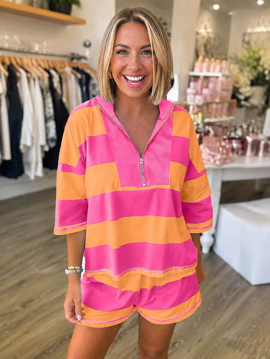 Acelitt Women's Casual Zip-Up Colorblock Striped Top And Comfortable Shorts 2 Pieces Set Summer Elegant - Hot Pink - View 1