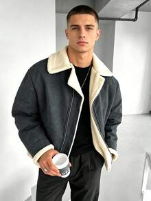 Men's Old Money Warm Lined Zipper Long Sleeve Jacket, Autumn/Winter - Black - View 1