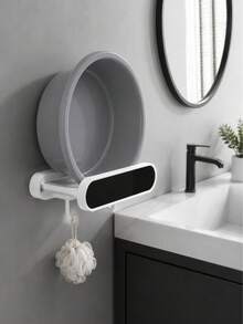 1pc Wall Mounted Wash Basin Holder, Plastic Bathroom Organizer With Adhesive Installation, No Drilling Space Saving Basin Storage Rack With Double Hooks, Washbasin Hanger For Bathroom, Laundry Room, Kitchen Organisation & Bathroom Accessories - Multicolor - View 4