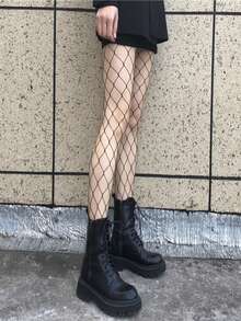 3 Pairs Plus Size Transparent Fishnet Tights, Black Hollow-Out High Waist Mesh Pantyhose, Women's One Size Fishnet Stockings, Closed Crotch Elastic Design, Suitable For Various Occasions, Spring Summer Autumn Sexy Street Punk Style Leggings,Halloween - Multicolor - View 3