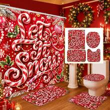 1pc/4pcs Christmas 3D Candy Cane Multi-Function Bathroom Decor Shower Curtain Set, Free 12 Hooks, Premium Holiday Atmosphere, Bathroom Mat U-Shaped Floor Mat And Round Toilet Lid Cover, Suitable For All Christmas Scenes Decoration - 3D Candy Cane - View 1