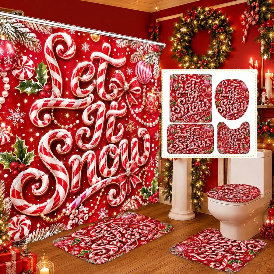 1pc/4pcs Christmas 3D Candy Cane Multi-Function Bathroom Decor Shower Curtain Set, Free 12 Hooks, Premium Holiday Atmosphere, Bathroom Mat U-Shaped Floor Mat And Round Toilet Lid Cover, Suitable For All Christmas Scenes Decoration - 3D Candy Cane - View 1