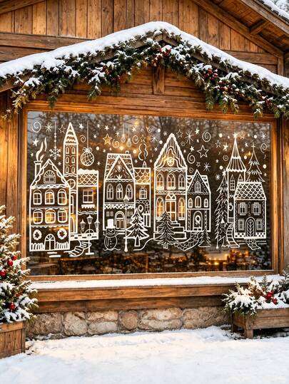 4/1sets-Christmas Snowy Scene Window Stickers, Christmas Decoration Window Stickers, Christmas Storefront Glass Decoration Stickers, Home Decor Stickers, Large Christmas Window Stickers 4pcs/Pack, Christmas Window Stickers, Glass Decoration Snowman Snowflake Double-Sided Window Stickers, Christmas Holiday Party Decoration, Suitable For Christmas Home Decor, Villa Decor, Yard Decor, Christmas Outdoor Decor, Also Suitable For Bedroom, Kitchen, Living Room And Other Glass Surfaces