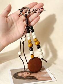 1PC Woven Rope Wooden Bead Pendant With Round Wooden Disc Charm, Personalized Artistic Textured Hanging Ornament, Daily Bag Decoration Accessory, Beaded Craft Decorative Pendant - Multicolor - View 5
