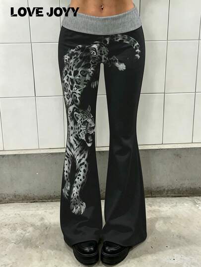 LOVE JOYY Women's Autumn/Winter Y2K Style High Waist Flared Long Pants, Animal Print Colorblock Cuffed Elastic Slimming Casual Pants, Streetwear Daily Outfit