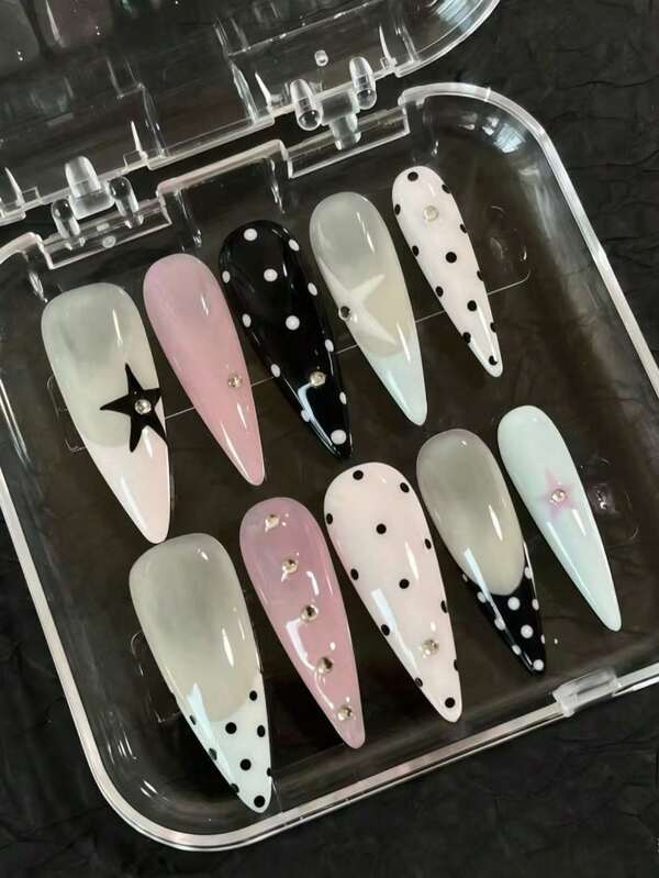 10pcs Long Pointed Exquisite Hand-Painted Tie Dye Gradient French Colorful Star & Polka Dot Rhinestone Fake Nails, Glossy Embossed Removable Ballet Nails For Slender Fingers, Full Cover Nail Set, Elegant Sophisticated Hot Girl Style, Suitable For All Seasons, Music Festivals, Parties And Dancing, Reusable For Women, Includes 1pc Jelly Glue And 1pc Nail File