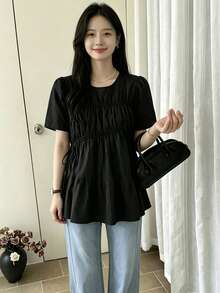 2025 Summer Women Korean Style Drawstring Round Neck Top Black - Black - View 11