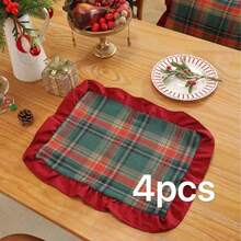 1/2/4pcs Vintage British Plaid Square Ruffled Napkins Placemats, Christmas Holiday Table Decor - Green - View 16