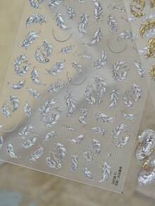 Luxurious Metal Texture Feather Nail Stickers New Vintage Exquisite Crystal Diamond Nail Stickers Self Adhesive Transfer Sliders For Nails DIY Manicure Accessories - Silver - View 2