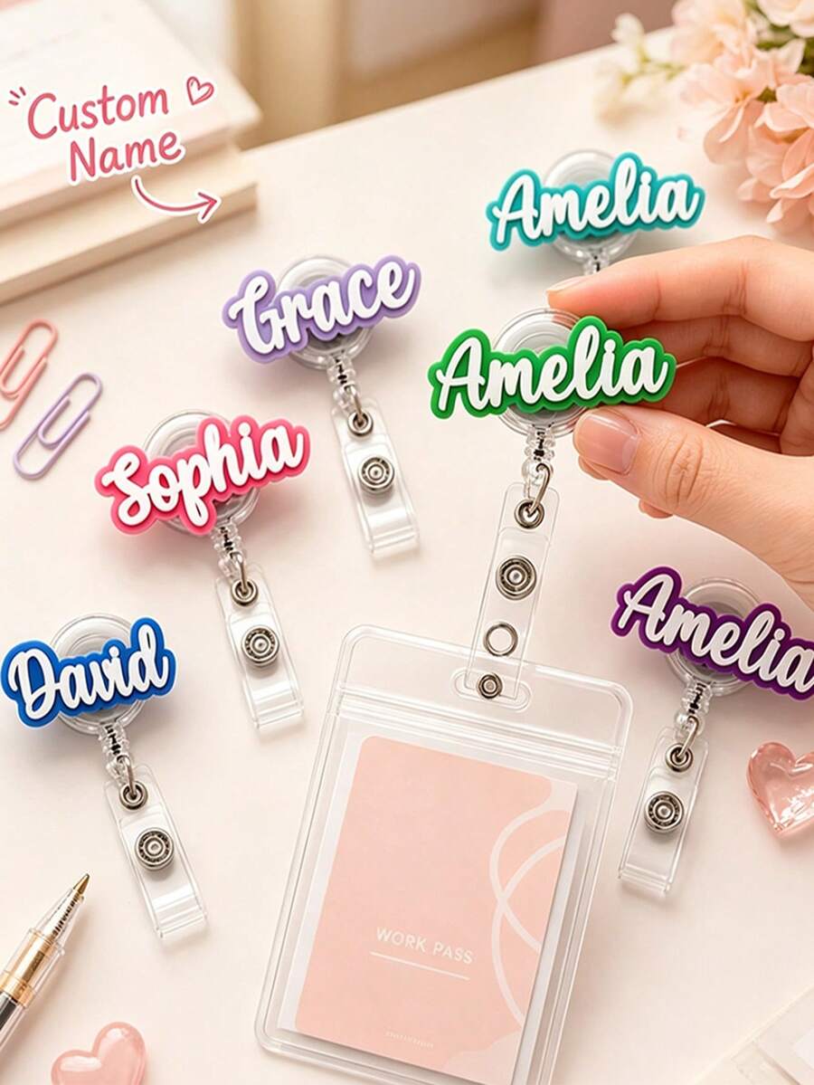 Customizable Text & Name Retractable Badge Reel, ID Clip, Healthcare Worker Name Tag, Office Badge, Stethoscope Accessory; Gift For Nurses & Doctors - Multicolor - View 1