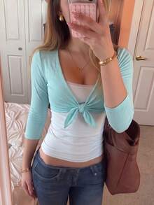 Women Y2K Ribbed Deep V Front Tie Crop Top, Three Quarter Sleeve Slim Fit Solid Color Casual Cropped Blouse - Blue - View 3