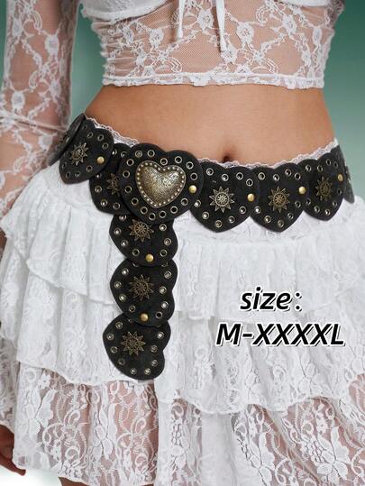 Hershine 1pc Women's , Heart Decor, Gold Rivet Patchwork Belt, Velvet Fabric, Vintage, Bohemian Style, Match With Dress, Skirt, Casual Wear, Friend Gathering, Party, Holiday, Gift For Friend, Mom, Family, Girlfriend, Birthday, Valentine's Day, Mother's Day Summer, School Fall, Autumn, Halloween
