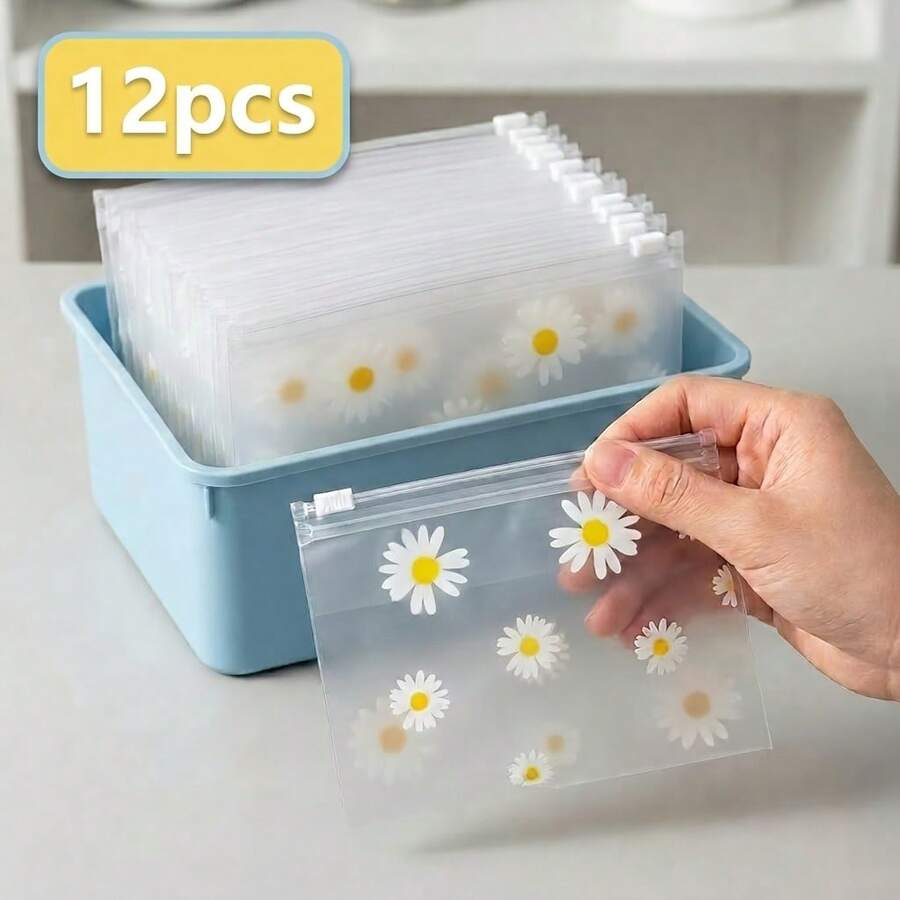12pcs Daisy Pattern Frosted Plastic Zipper Bags + 1 Random Postcard, Reusable Transparent Storage Bags, Suitable For Cosmetics, Jewelry, Hair Accessories, Office Supplies, Crafts, Stationery Organization - Sets - View 1