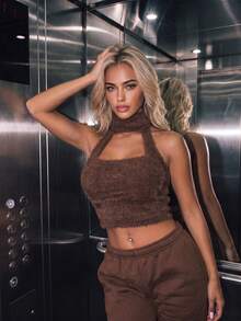 Atasan Tank Top Wanita Kasual Rajut Lembut Model Halter Slim Fit untuk Musim Dingin/Gugur Sehari-hari, Pakaian Musim Dingin/Gugur, Pakaian Musim Dingin, Jalan-jalan, Lucu - Cokelat tua - View 4