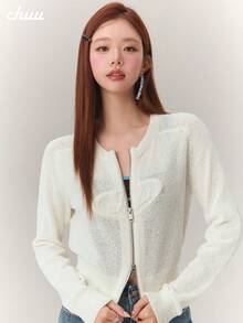 CHUU Letter Zipper Long Sleeve Knit Cardigan Women Spring Autumn Light Blue Round Neck Short Jacket Top - White - View 3