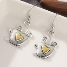 Cute Coffee Cup Pendant Earrings, Vintage Elegant Long Design, Charming Heart Earrings - Silver - View 2