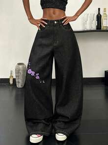 Korean Streetwear Unique Embroidered Women's Jeans Daily Commute Casual Loose Wide Leg Pants Comfortable All Season Versatile Long Pants (No Belt Or Accessories Included.) - Purple - View 4