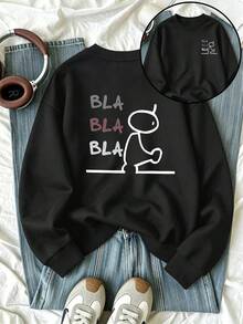 Plus-Size Women's Casual Sweatshirt With A Simple "BLA BLA BLA" Graphic Double-Sided Print, Perfect For Everyday Street Style In Autumn And Winter. - Black - View 3