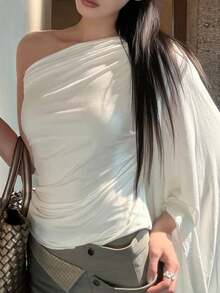 Top Dazzle Fashionable Knitted Asymmetrical Neck Women's Top With Single Long Sleeve & Ruched Detailing - White - View 9