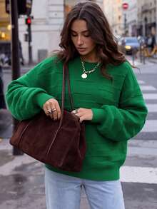 NZZOF Solid Color Round Neck Long Sleeve Minimalist Pullover Sweater - Green - View 1