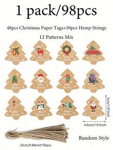 98pcs Vintage Christmas Tree Shaped Slogan Pattern Gift Tags With Rope, Santa Claus And Snowman Pattern Paper Gift Decoration Labels, Suitable For Christmas Party Gifts, Christmas - Multicolor - View 10
