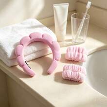1 pieza Diadema para lavarse la cara / 2 piezas Muñequeras para lavarse la cara Diademas de maquillaje, Diademas para lavarse la cara, Diademas de cuidado de la piel, Diademas de esponja de felpa rosa, Lazos, Burbujas, Conjunto de accesorios para el cabello para mujeres y niñas - Rosa - Ver 7