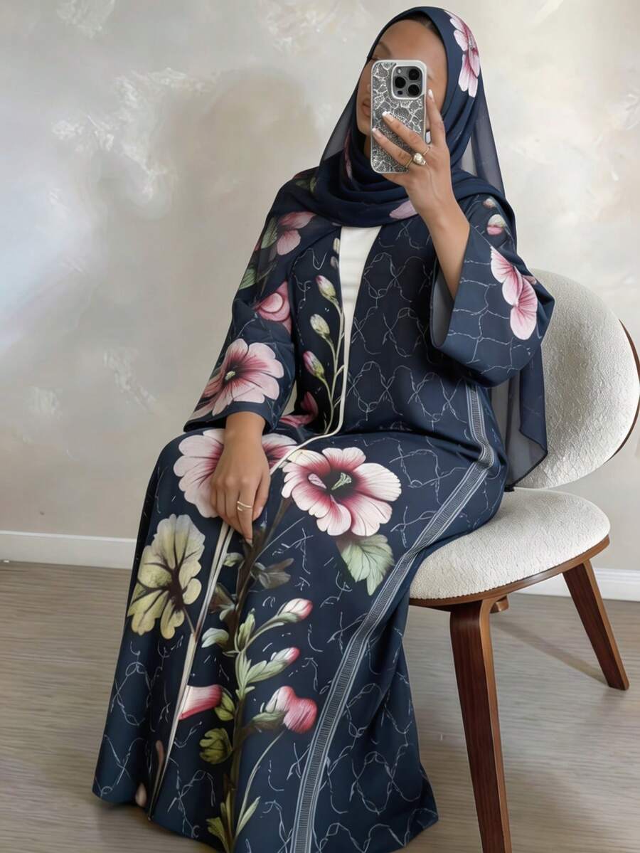Women's Floral Print Abaya Set, Long Flare Sleeve Dress With Headscarf - Multicolor - View 1