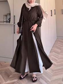 Women's Casual Minimalist Long Sleeve Collared Tie Waist High Slit Long Shirt Blouse, Solid Color Front Button Tie High Slit To Thigh, Suitable For Commute, Daily Wear And Dating - Brown - View 7