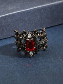 3pcs Fashion Gothic Red Cubic Zirconia Rings, Gothic Style Combined With Dark Elements Ring Set, Unisex Suitable For Halloween, Easter And Matching Gothic Style Clothing - Black - View 6