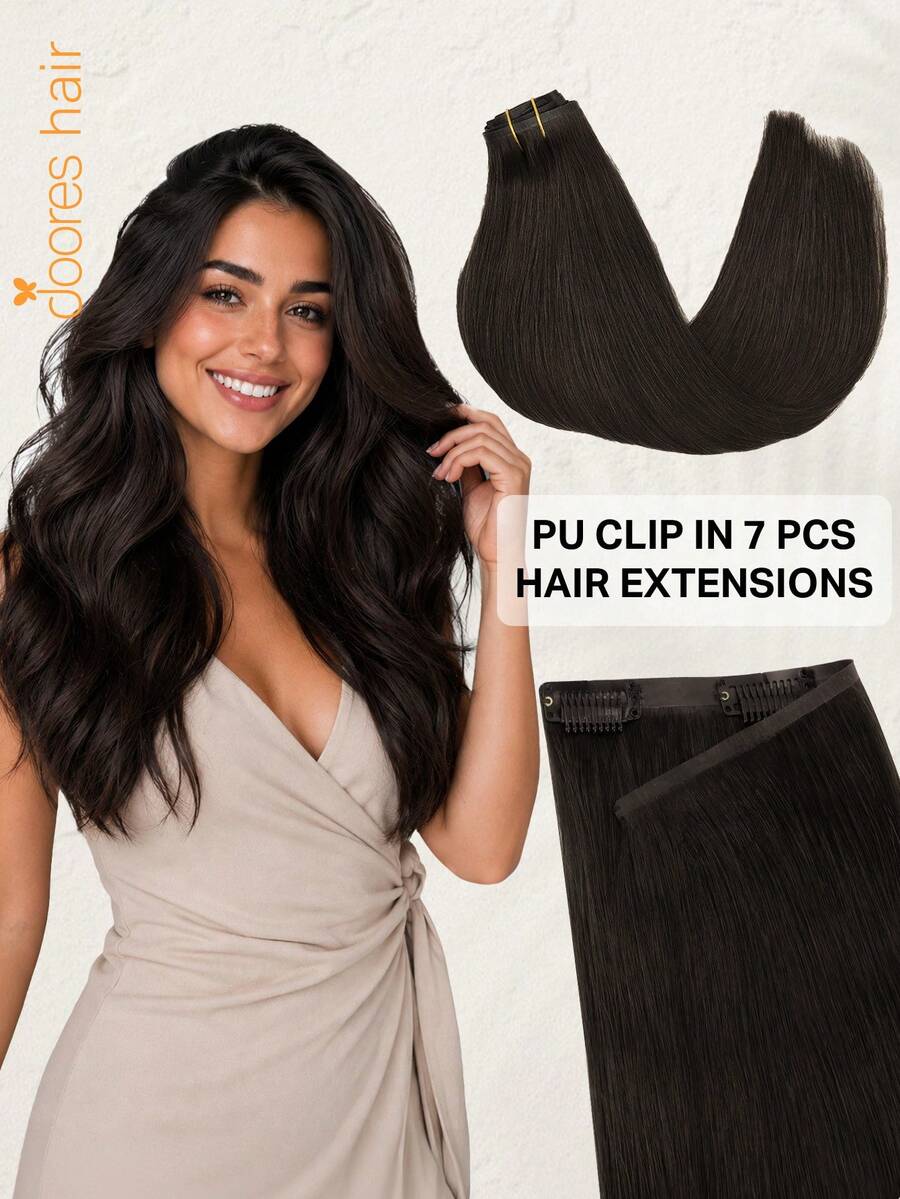 DOORES 14-24 Inch Seamless Clip-In Hair Extensions, 130g-160g 7pcs Real Human Hair Invisible PU Skin Weft, Dark Brown, Natural Remy Straight Hair, Easy To Wear & Style - S2 - View 1