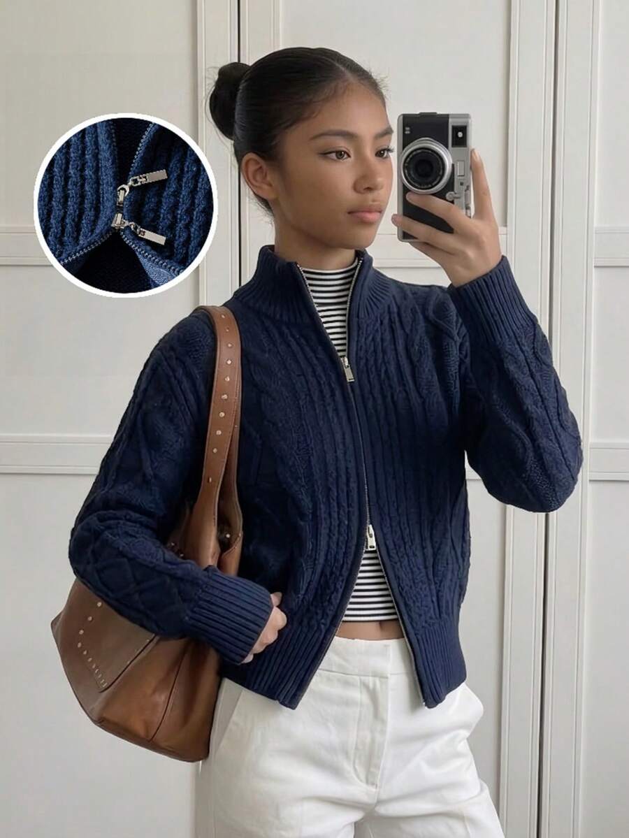 Girls' European Style Solid Color Argyle Short Knit Cardigan Sweater, Twisted Rope Knit, Long Sleeve, Suitable For School, Daily Casual, Spring, Autumn, Winter - Navy Blue - View 1